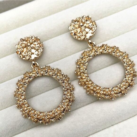 Yellow Gold Double Round Circular Textured Dangling Drop Post Back Earrings - Picture 7 of 10